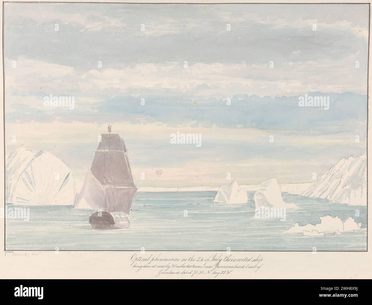 "Optisches Phänomen eines invertierten Schiffes am Horizont in der Nähe der Küste von Jameson's Land, Grönland" aus dem Buch "Views of Polar Regions" von Charles Hamilton Smith, Belgien, undatiert, Aquarell und Graphit auf mitteldickem, mäßig strukturiertem, cremegewebtem Papier, Stockfoto