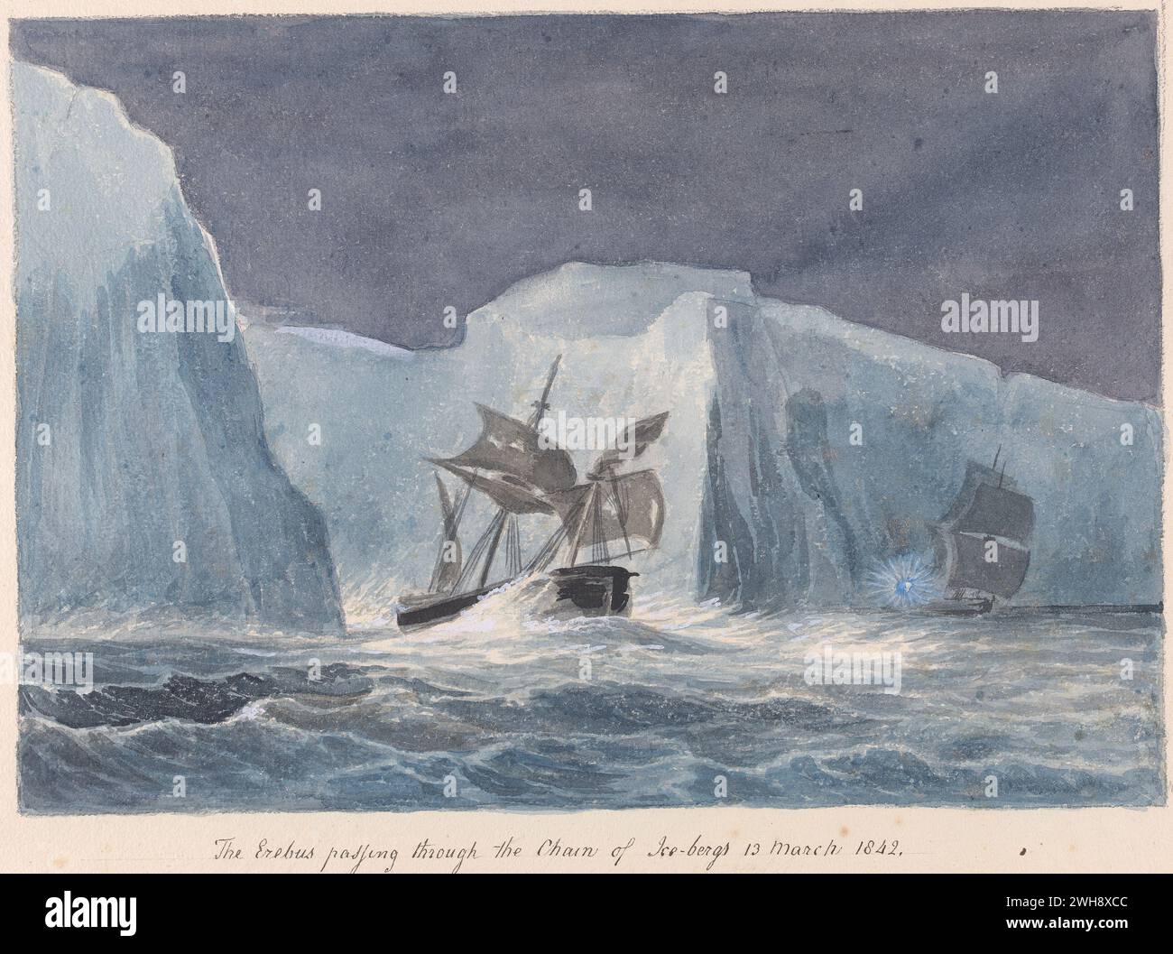 "Der Erebus durch die Kette der Eisberge" aus dem Buch "Ansichten der Polarregionen" von Charles Hamilton Smith, belgisch, undatiert, Aquarell und Graphit auf mitteldickem, mäßig strukturiertem, cremegewebtem Papier, Stockfoto