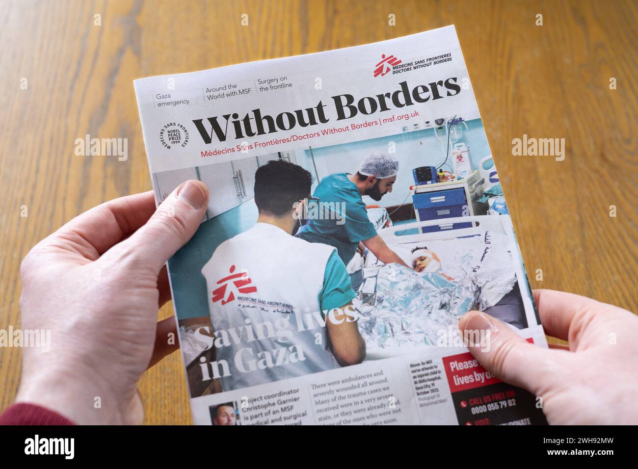 Februar 2024 Ausgabe des medizinischen WohltätigkeitsNewsletters der Ärzte ohne Grenzen (MSF - Doctors Without Borders) über die Rettung von Menschenleben in Gaza. UK Stockfoto