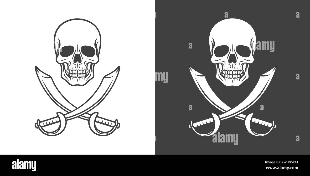Vektor Schwarz-weiß Schädel und Fadenkreuz Sabers Symbol Set Nahaufnahme isoliert. Skulls Collection mit Outline, Cut-out-Stil in Vorderansicht. Handgezeichnet Stock Vektor