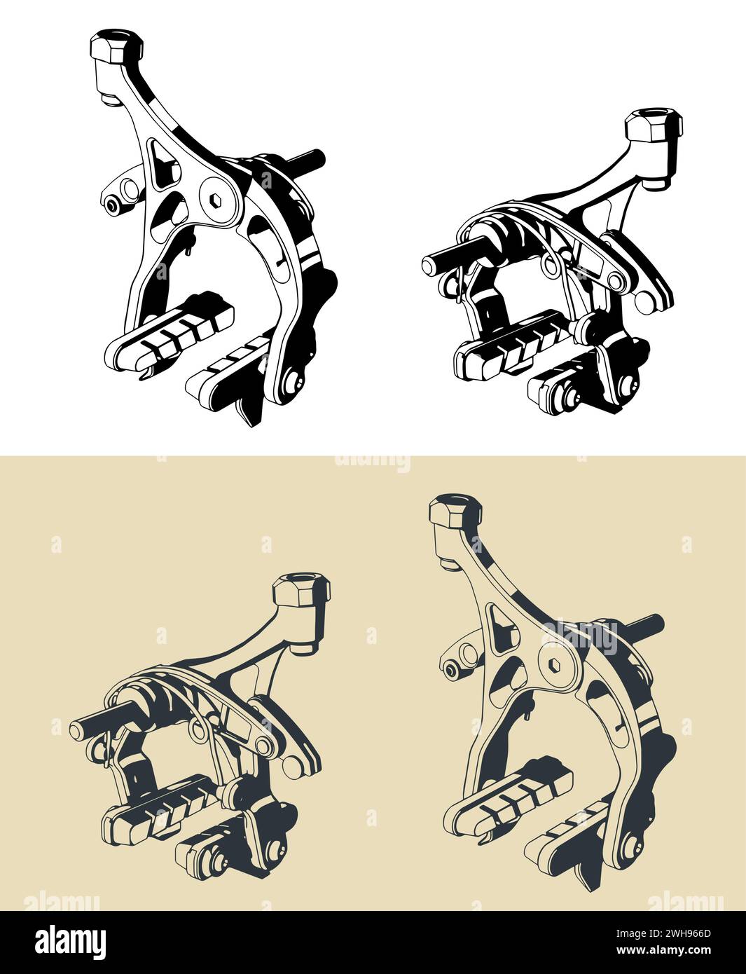 Stilisierte Vektorabbildungen einer Fahrrad-V-Bremse Stock Vektor