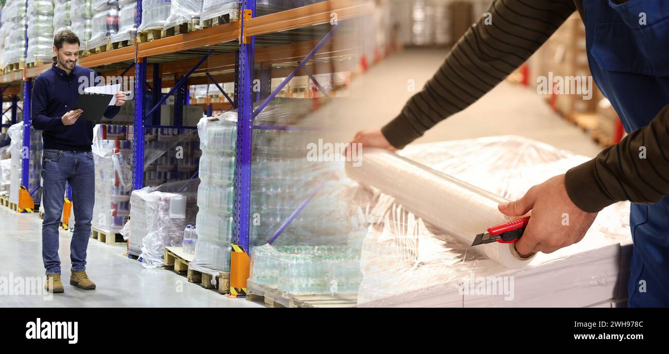 Verteilung. Glücklicher Manager und Mitarbeiter im Lager, doppelte Exposition. Bannerdesign Stockfoto