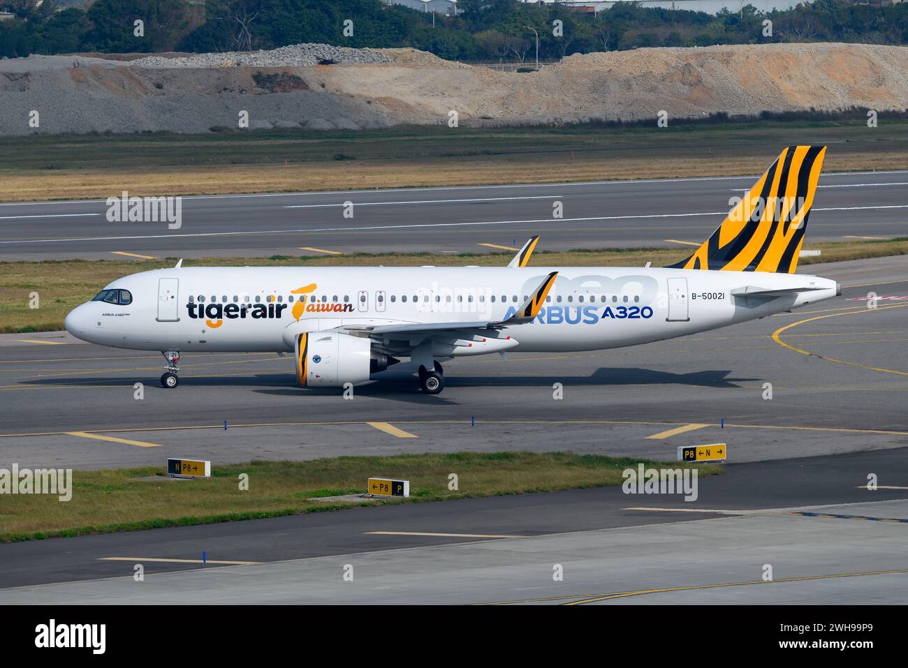 Tigerair Taiwan Airbus A320 Landung. Flugzeug A320neo von Tigerair / Tiger Air Taiwan mit Airbus A320 NEO Aufkleber. Stockfoto