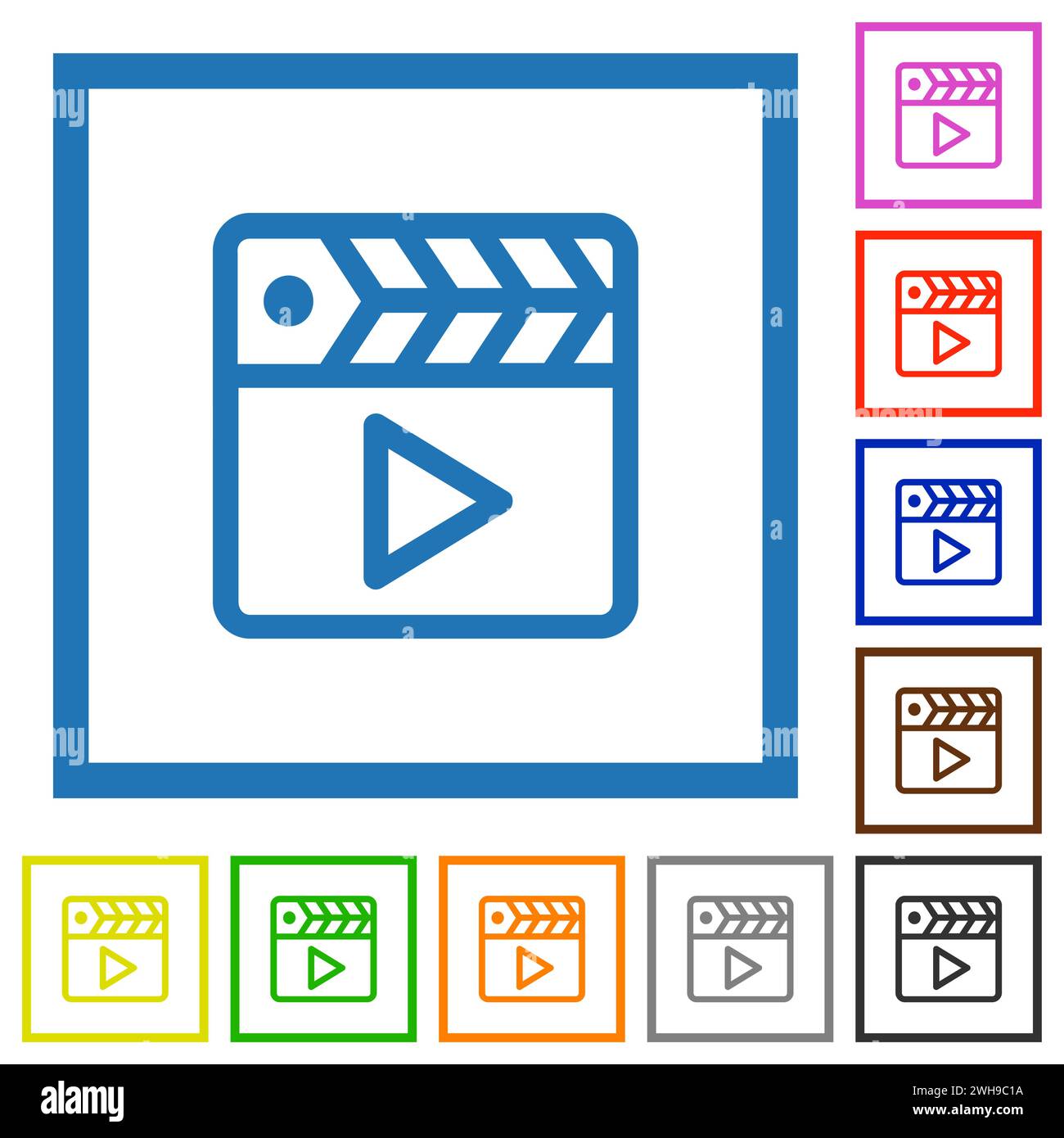 Filmklapper konturiert flache farbige Symbole in quadratischen Rahmen auf weißem Hintergrund Stock Vektor