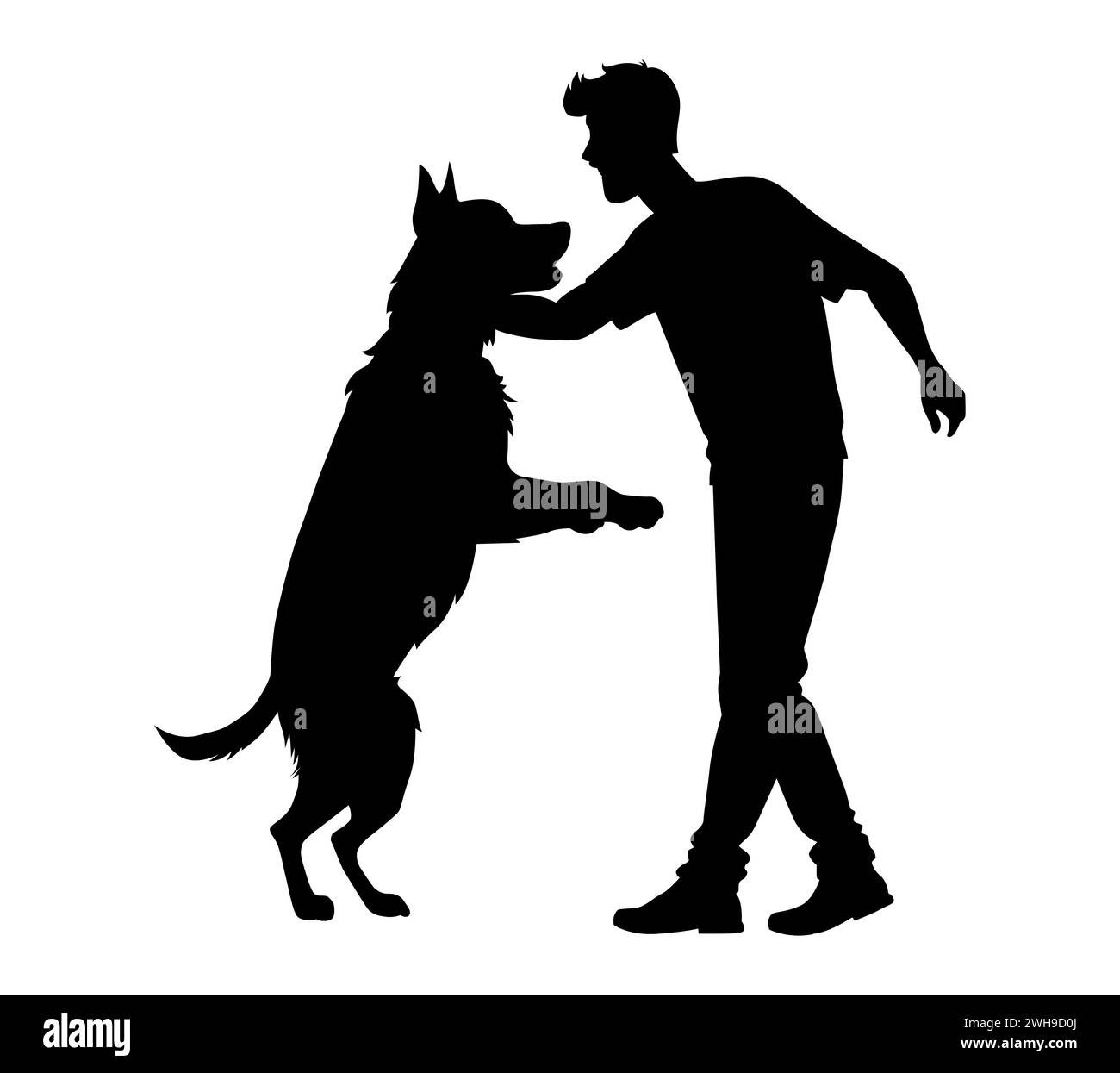 Mann und Hund treffen Vektorsilhouette, Mann umarmt seinen Hund, Hundeausbildung Stock Vektor