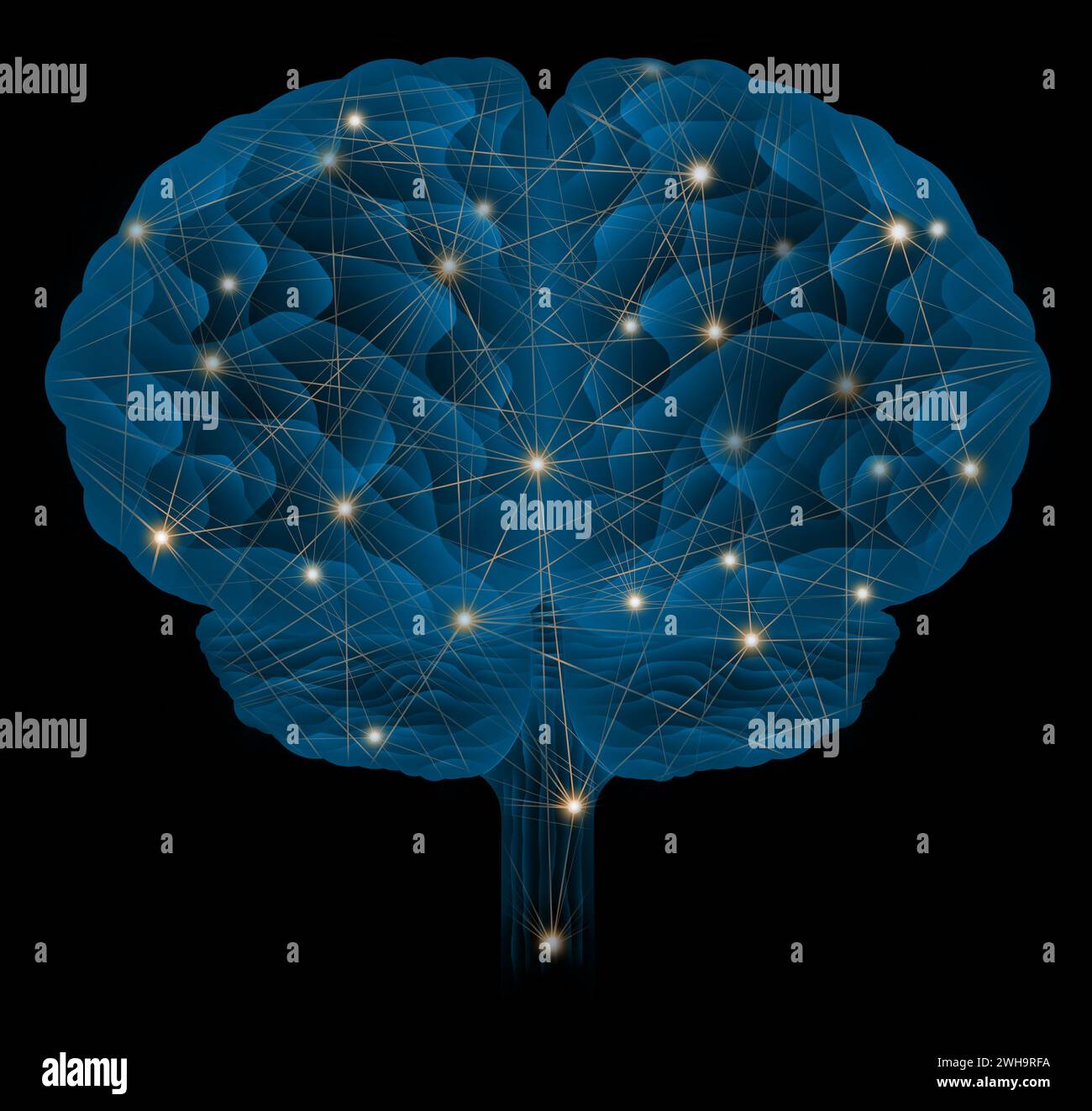 Hintergehirn menschliches Blau mit Netzwerk-Lichtpunkt-Illustration, neuronales Netzkonzept, künstliches Intelligenzkonzept Stockfoto