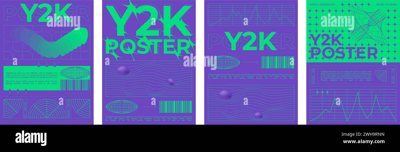 Postervorlage im y2k-Stil mit verzerrtem Rastermuster und Formen auf hellem Neonhintergrund. Vektorsatz des grafischen Bannerlayouts in Retro-futuristischem c Stock Vektor