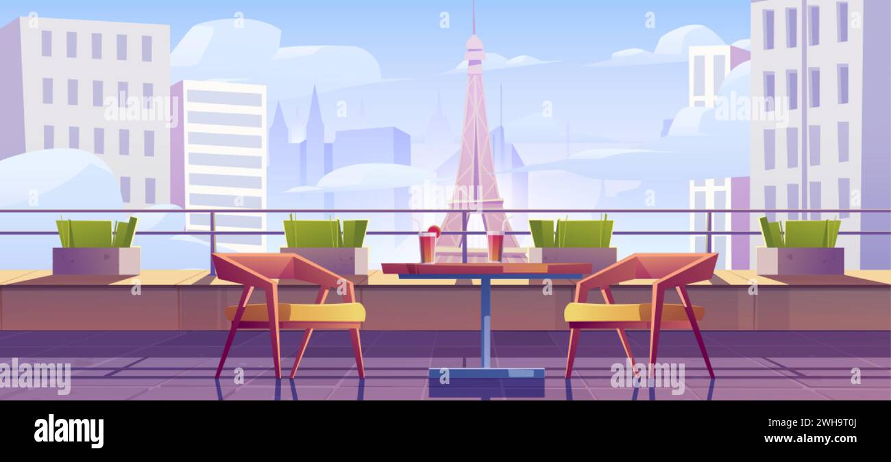 Blick auf den Eiffelturm vom großen Balkon oder Dach mit Cocktail aus Glas auf dem Tisch und ein paar Stühlen. Cartoonvektor-Illustration des romantischen Urlaubs i Stock Vektor