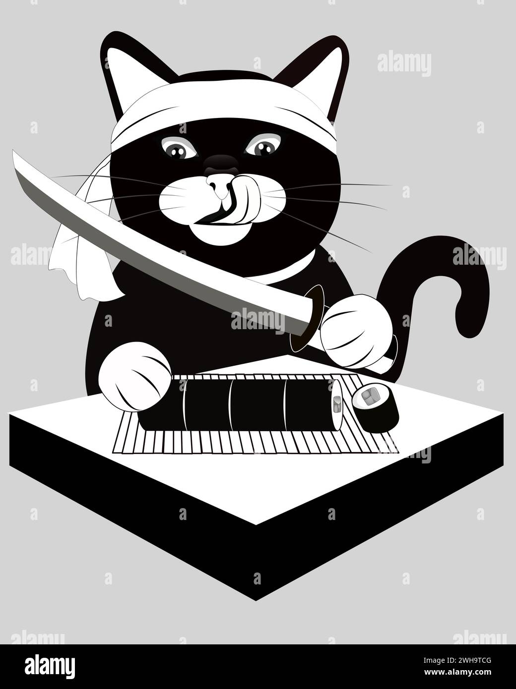 Japanische hungrige schwarze Katze schneidet gerolltes Sushi mit Katana. Vektor Samurai Katze mit Katana für Design Stock Vektor