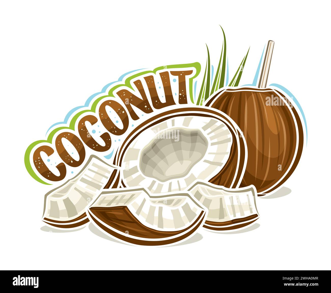 Vektor-Logo für Kokosnüsse, horizontales Poster mit Umrissillustration der Reifen saftigen Kokosnusskomposition mit grünem Palmzweig, Cartoon-Design fruchtig p Stock Vektor