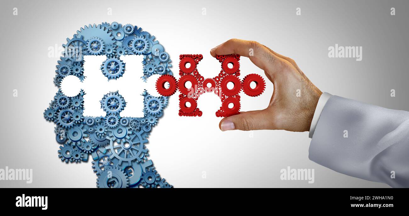 Psychische Gesundheitstherapie und Neuromodulation Psychologie oder Psychiatrie Konzept mit als Puzzle-Stück Symbol als medizinische Metapher für Hirnstörungen Stockfoto