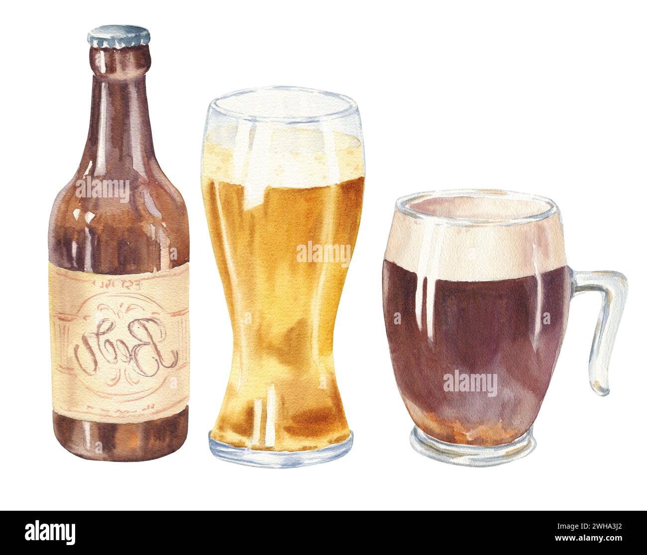 Handgezeichnete Aquarellflasche Bier, realistische Illustration isoliert auf weißem Hintergrund. Getränkezeichnung. Stockfoto