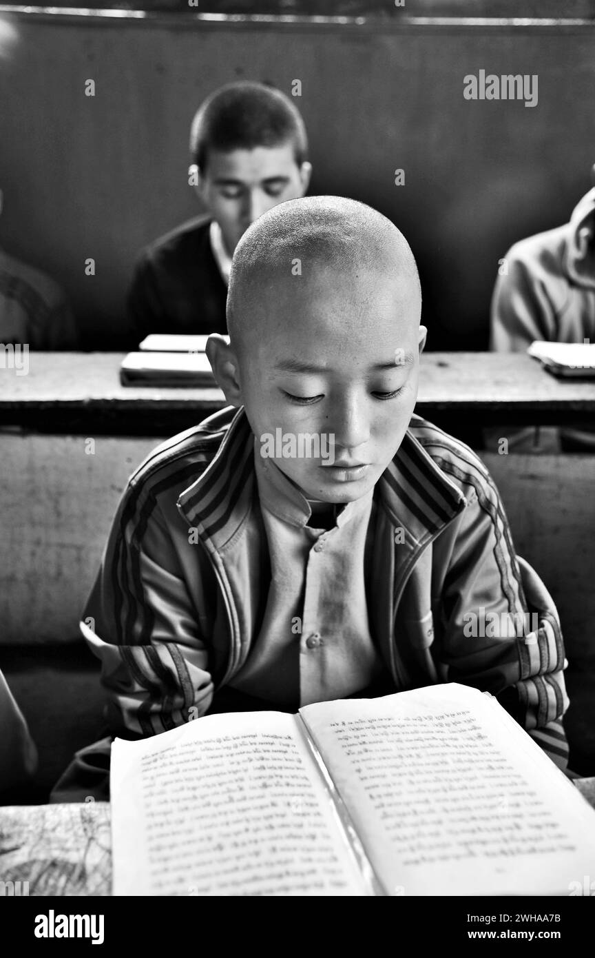 Buddhistische Kinder studieren, Klosterschule Pemayangtsi, Pemayangtse, Pelling, Sikkim, Indien, Asien Stockfoto