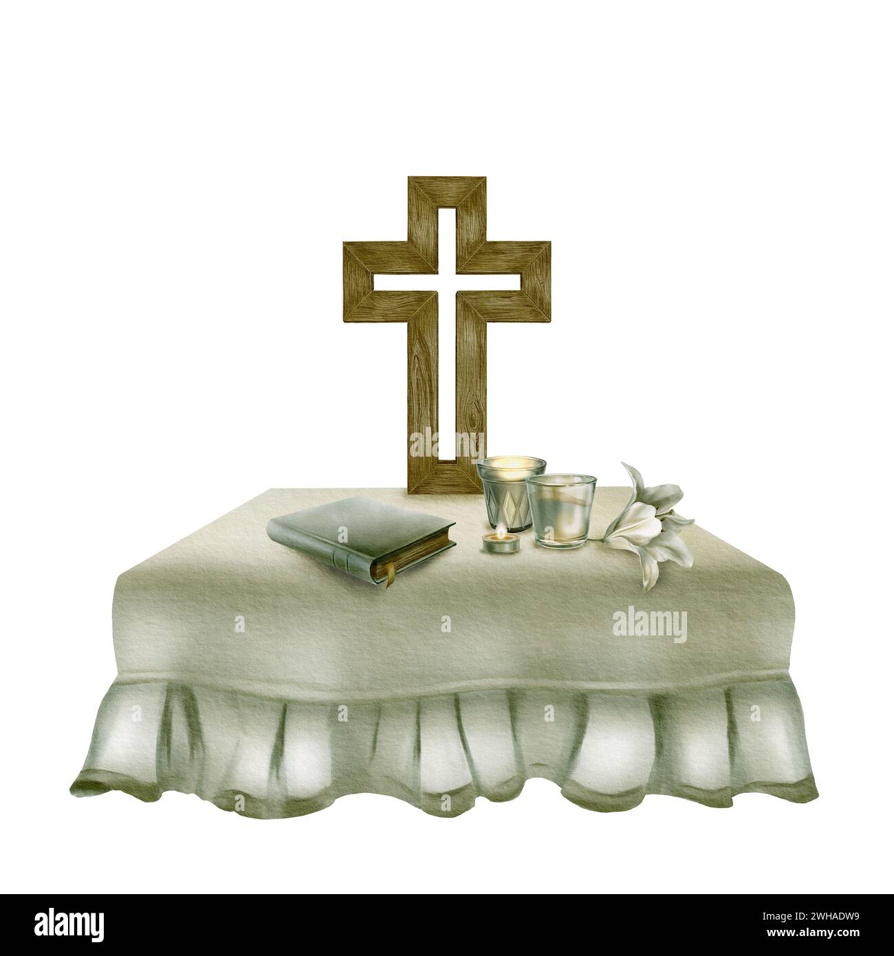 Aquarell religiöse Komposition von Tischdecke mit Rüschen, orthodoxem Holzkreuz, Kerzen, weißer Lilie in einem Farbschema Salbeiblatt. Stockfoto