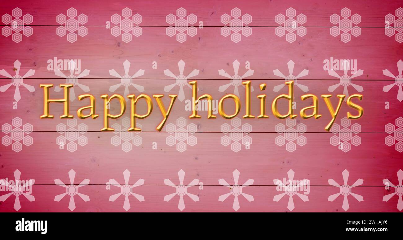 Bild von Happy Holidays Text über weihnachten Schneeflocke Muster auf rosa Hintergrund Stockfoto