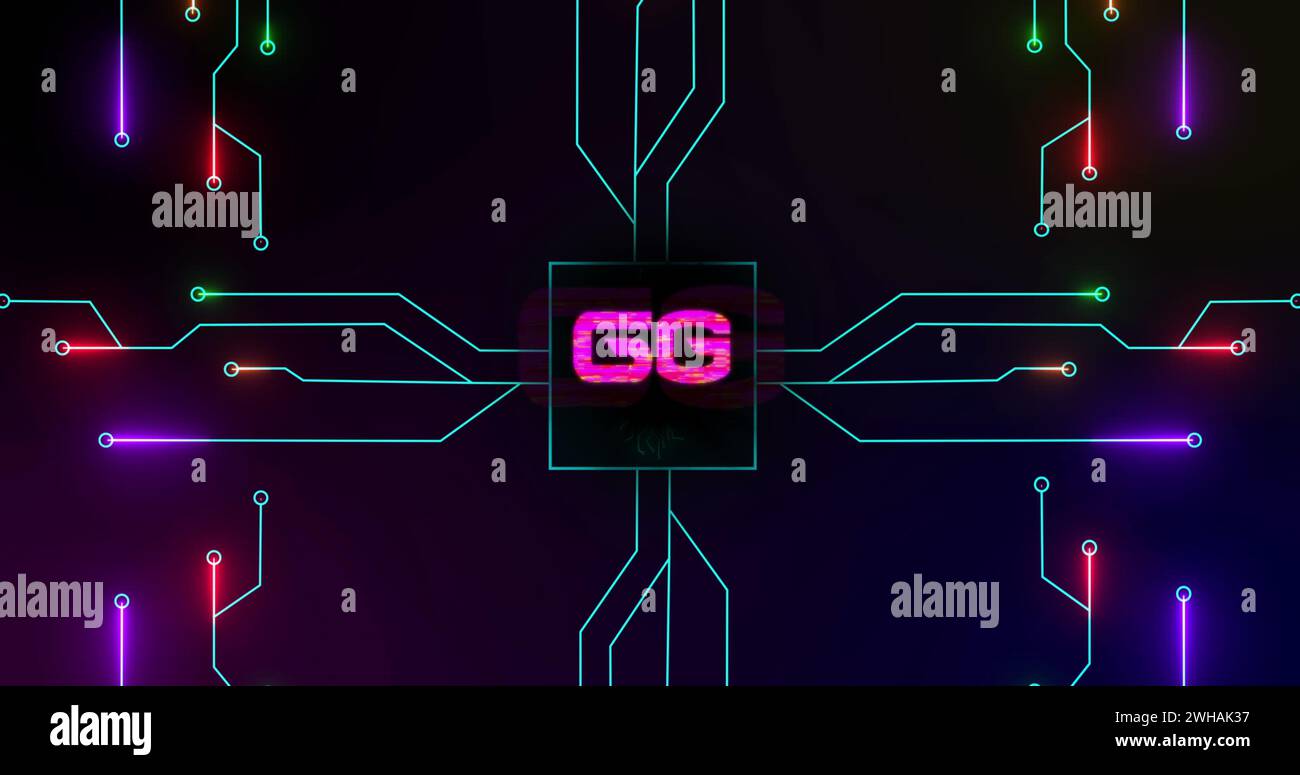 Abbildung: Integrierter Schaltkreis über 6 g und farbenfrohe Lichter im digitalen Raum Stockfoto