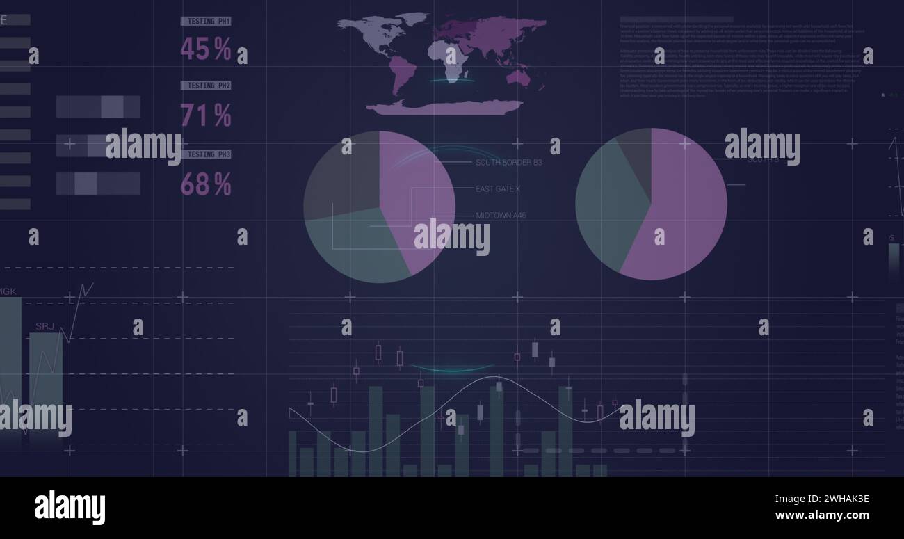 Bild eines Kreises über einem digitalen Bildschirm mit Finanzdiagrammen und -Daten Stockfoto