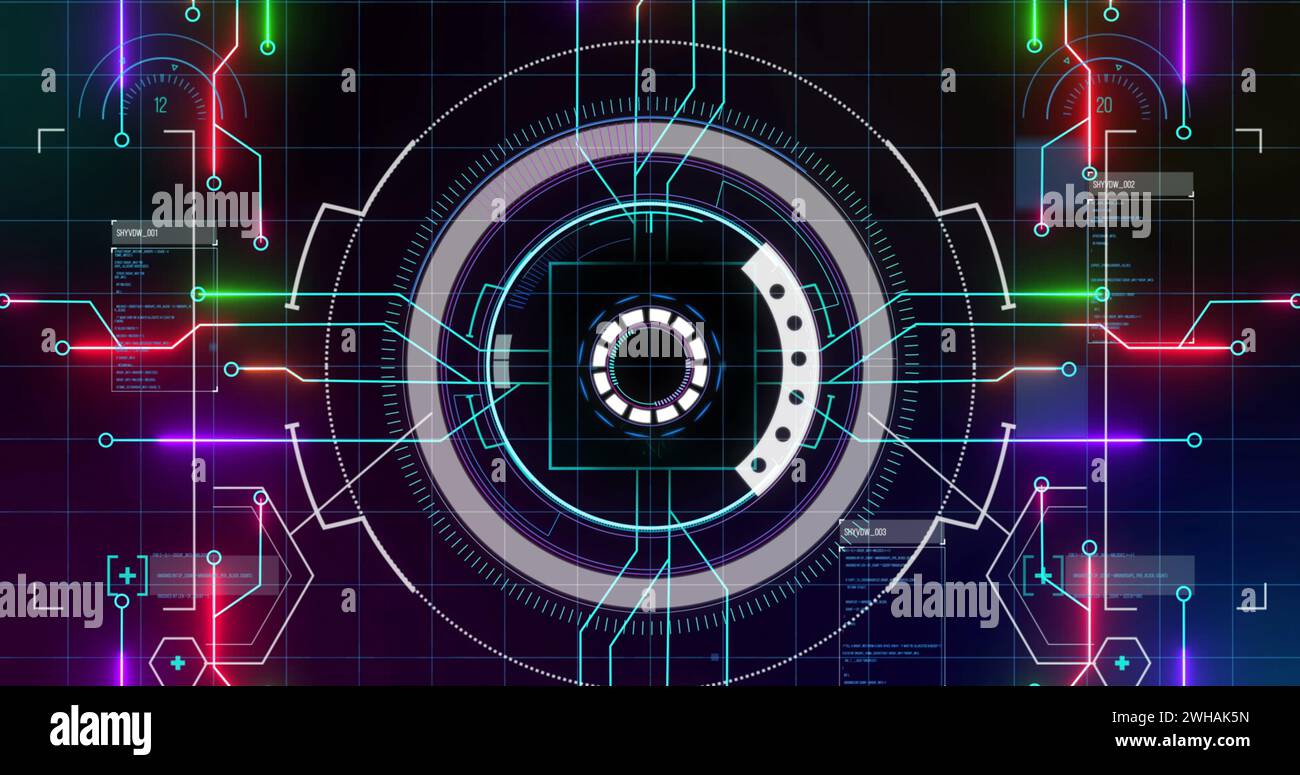 Bild des Verarbeitungskreises über integrierter Schaltung und farbenfroher Beleuchtung im digitalen Raum Stockfoto