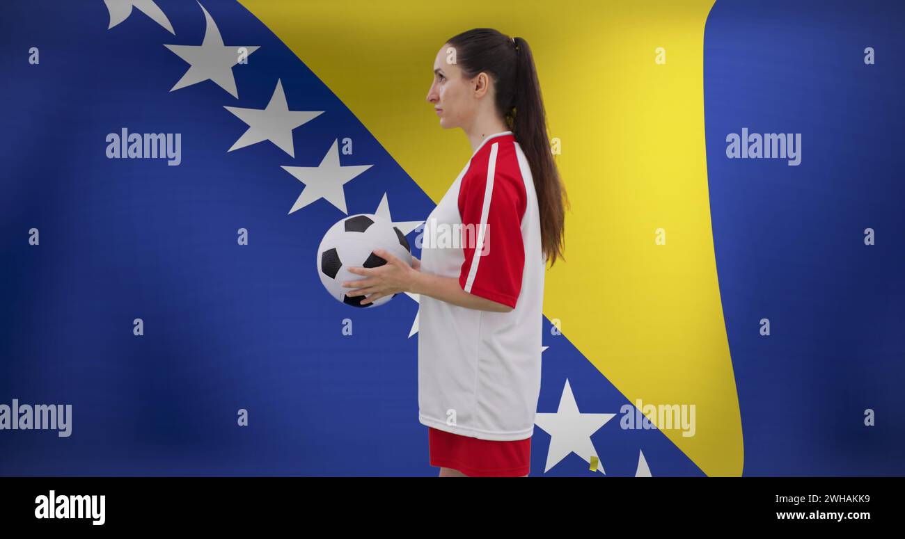 Bild einer kaukasischen Fußballspielerin über der Flagge von bosnien und herzegowina Stockfoto