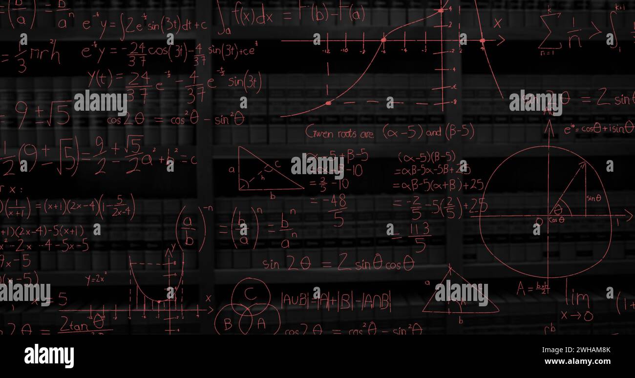 Digitales Bild von Büchern in einem Regal, während mathematische Gleichungen und Diagramme im Vordergrund stehen Stockfoto