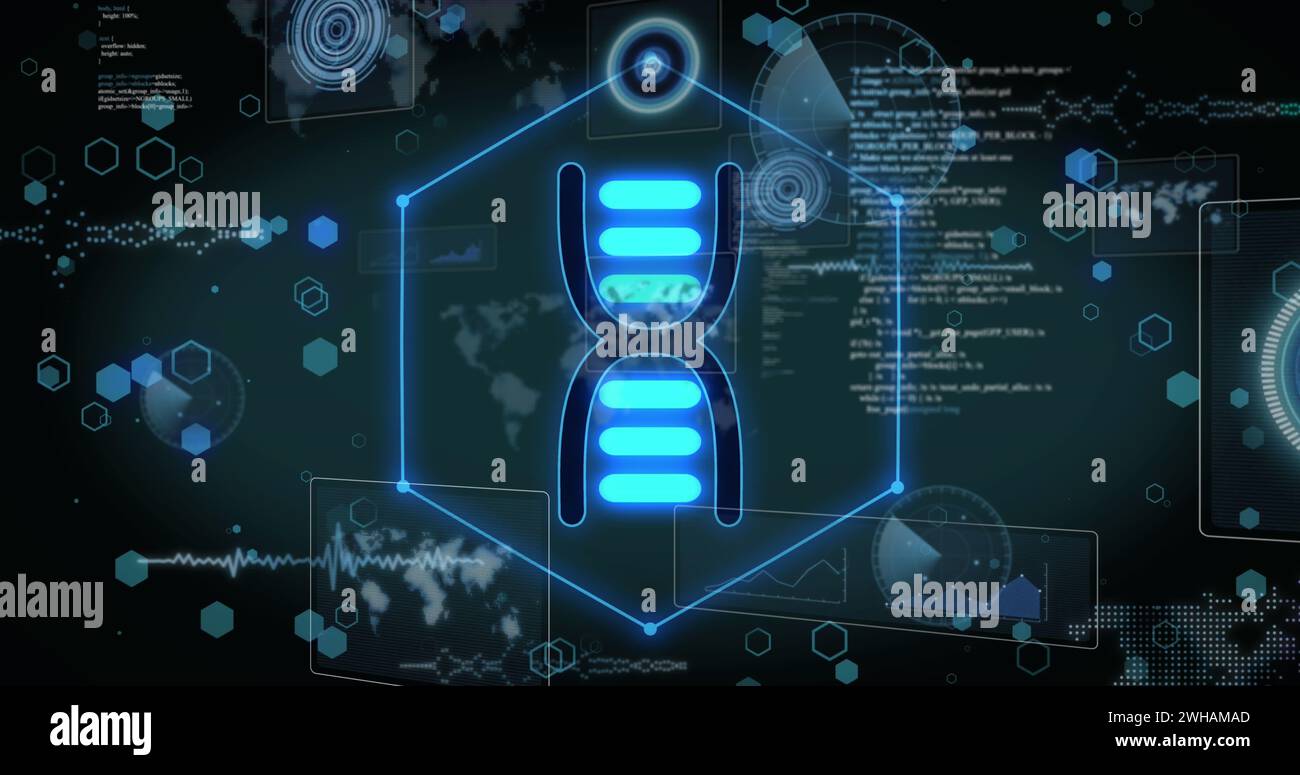 Bild der Datenverarbeitung und dna-Strang auf schwarzem Hintergrund Stockfoto