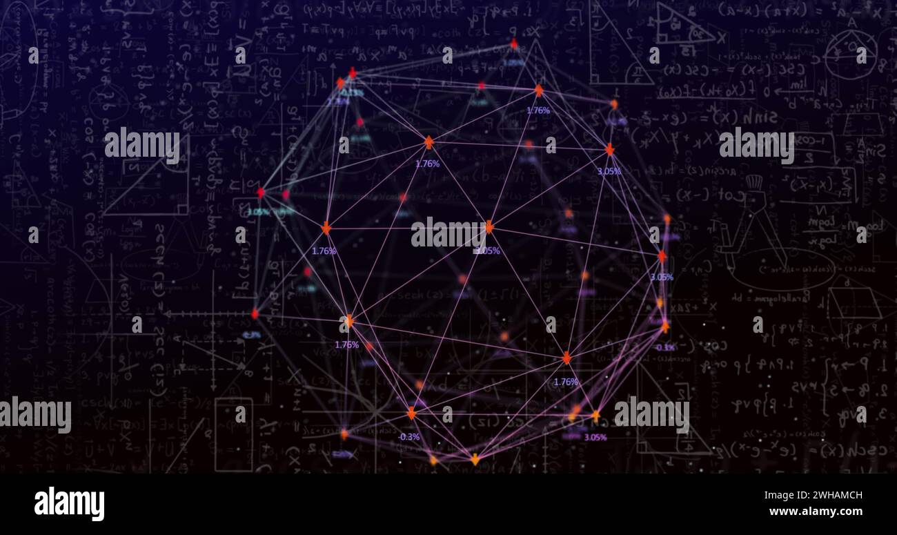 Bild mathematischer Gleichungen und Verbindungsnetze auf schwarzem Hintergrund Stockfoto