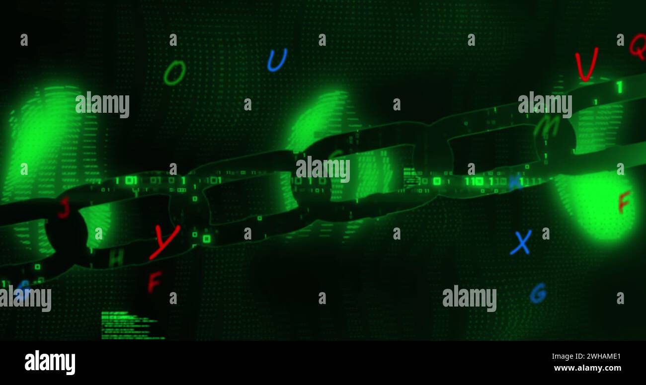 Bild von bunten Buchstaben über digitaler Kette auf schwarzem Hintergrund Stockfoto