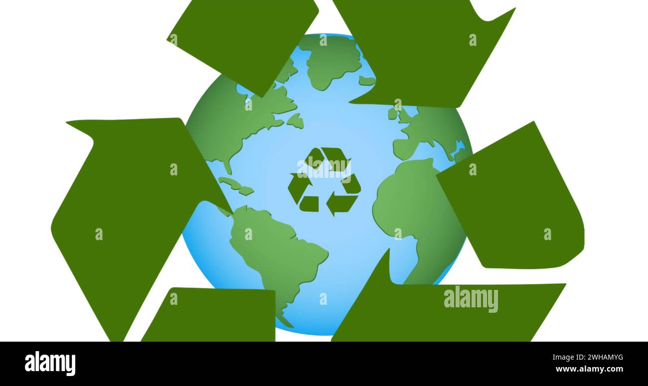 Abbildung des Recycling-Symbols über der Welt auf weißem Hintergrund Stockfoto