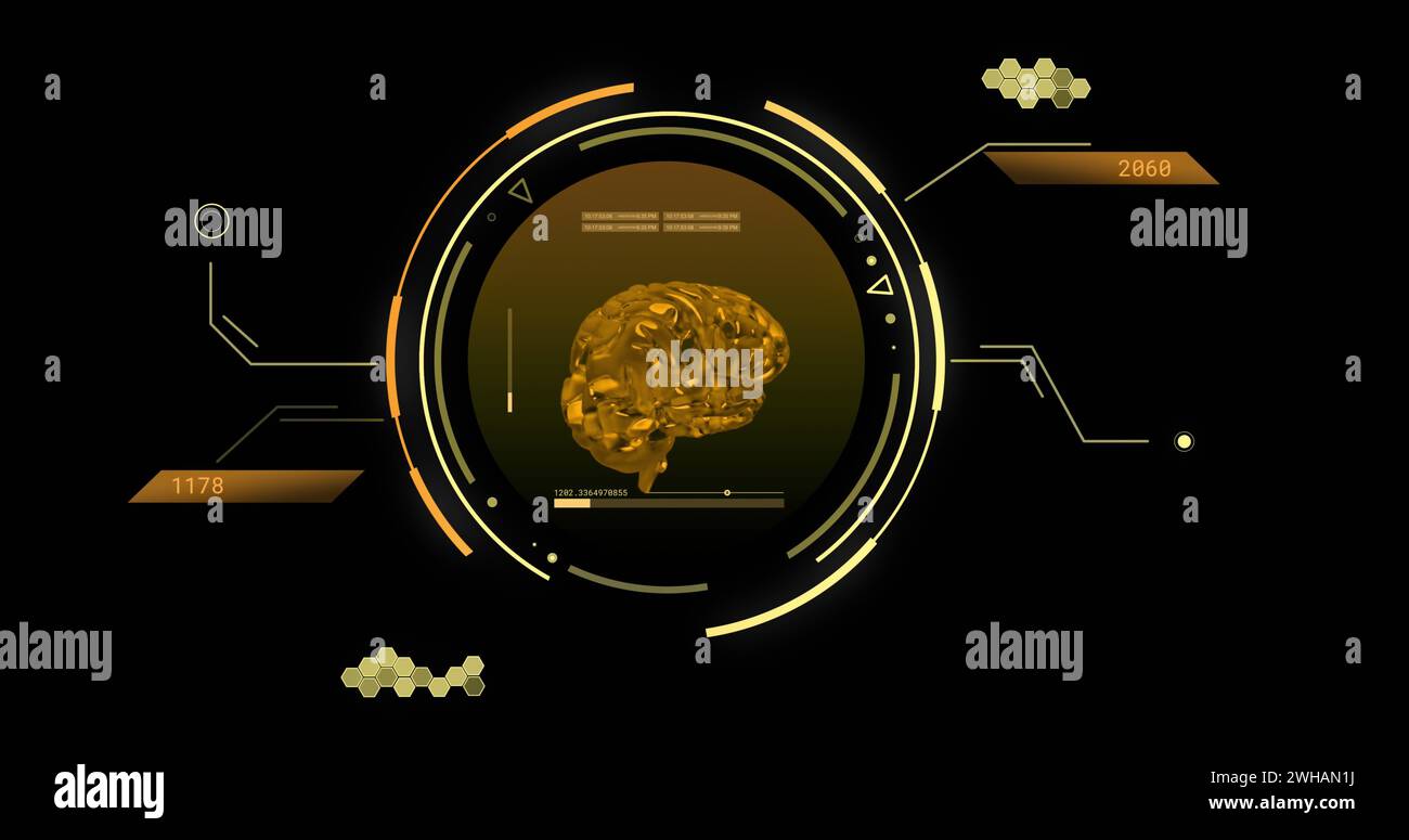 Bild von Oszilloskopen und wissenschaftlicher Datenverarbeitung mit menschlichem Gehirn über schwarzem Hintergrund Stockfoto