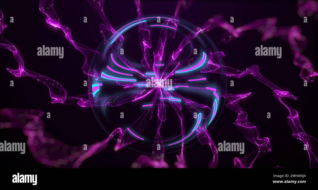 Bild von glühenden Lichtspuren der Datenübertragung über den Globus, die sich in schneller Bewegung bewegen Stockfoto