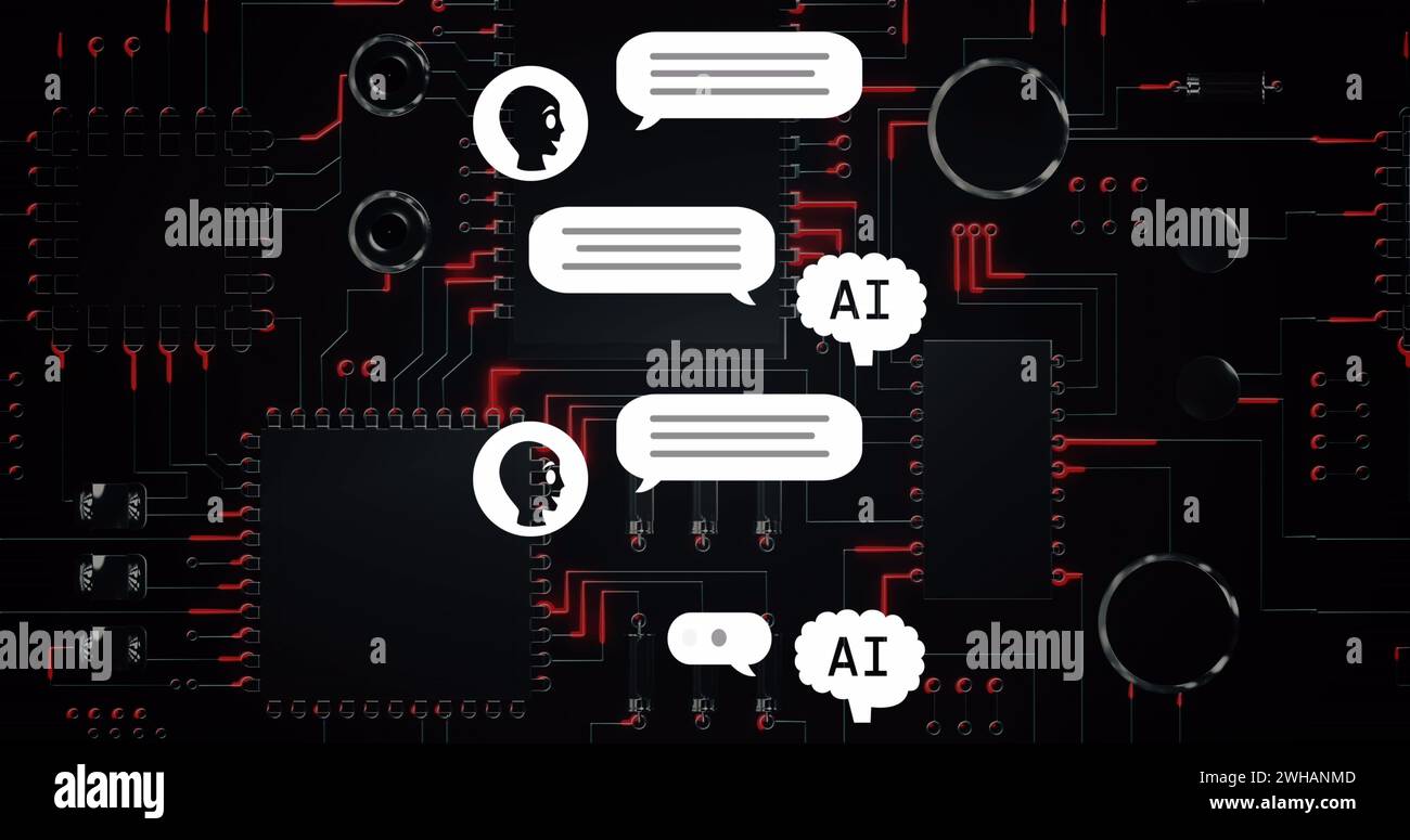 Bild von AI-Text, Symbolen und Datenverarbeitung über Leiterplatte Stockfoto