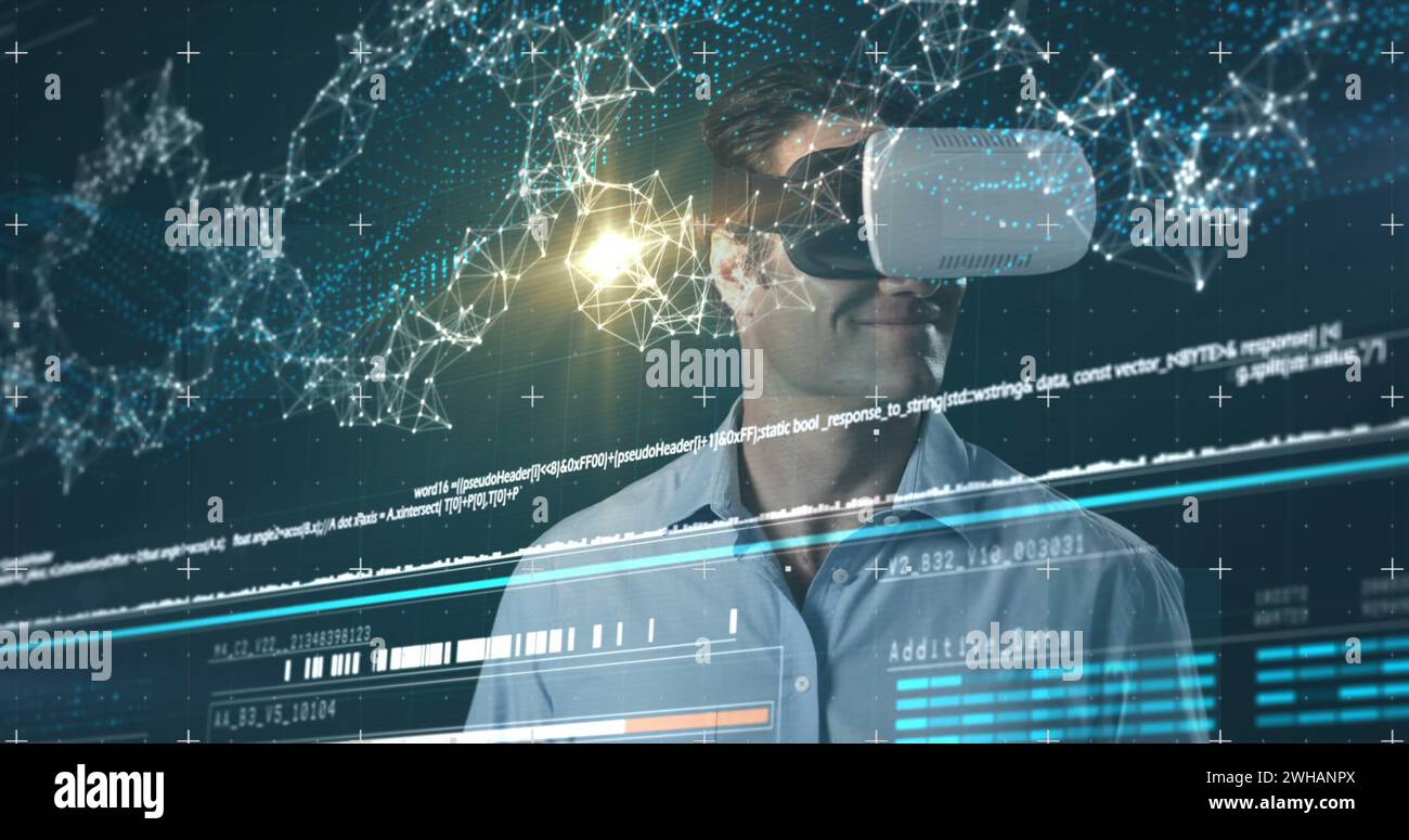 Digitale Schnittstelle mit Datenverarbeitung gegen Mann, der ein vr-Headset trägt und futuristischen Bildschirm berührt Stockfoto