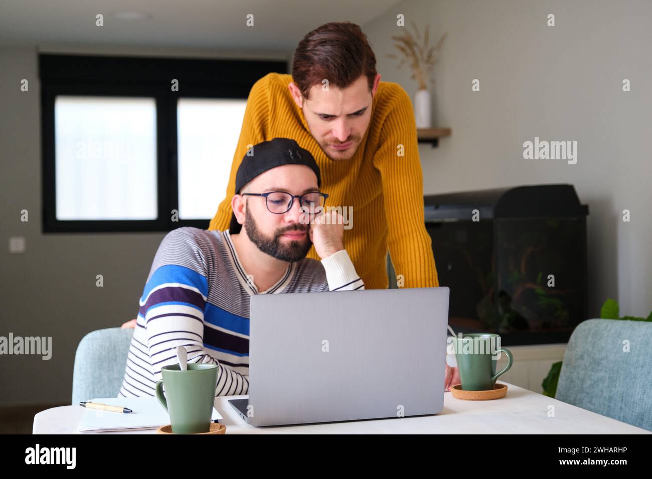 Homosexuelles Paar besorgt oder langweilig mit dem Laptop zu Hause. Stockfoto