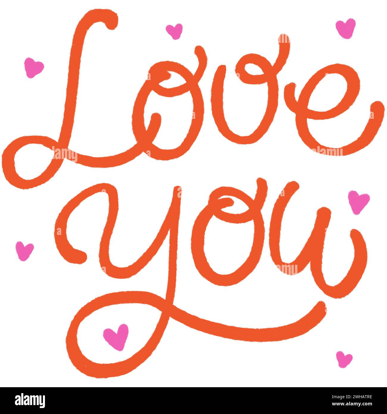 Handgeschriebene Kalligraphie mit Phrase Love you mit schwebenden rosa Herzen auf weißem Hintergrund Stockfoto