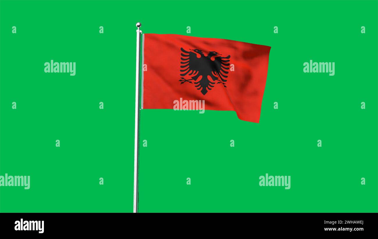 Hohe detaillierte Flagge Albaniens. Albanische Nationalflagge. Europa. 3D-Abbildung. Stockfoto