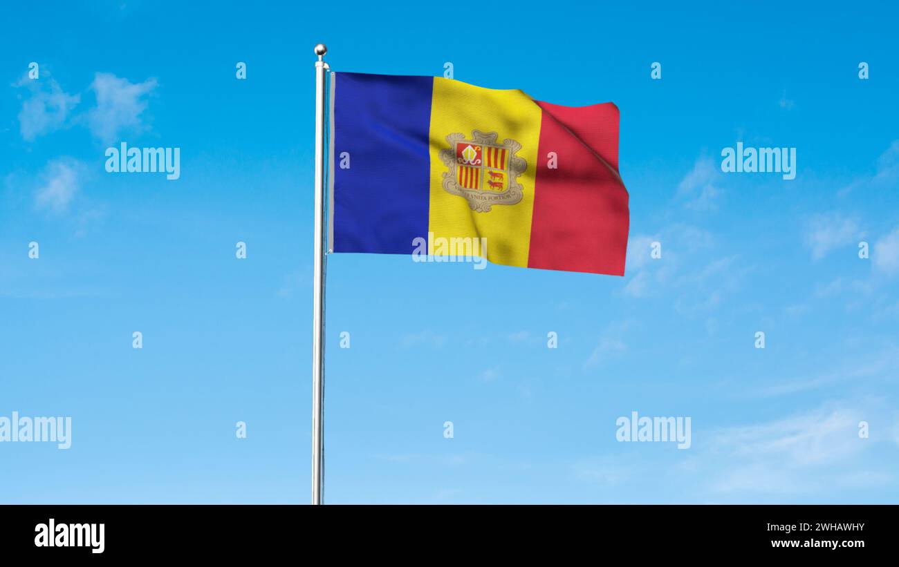 Detaillierte Flagge von Andorra. Nationale Flagge Andorras. Europa. 3D-Abbildung. Stockfoto