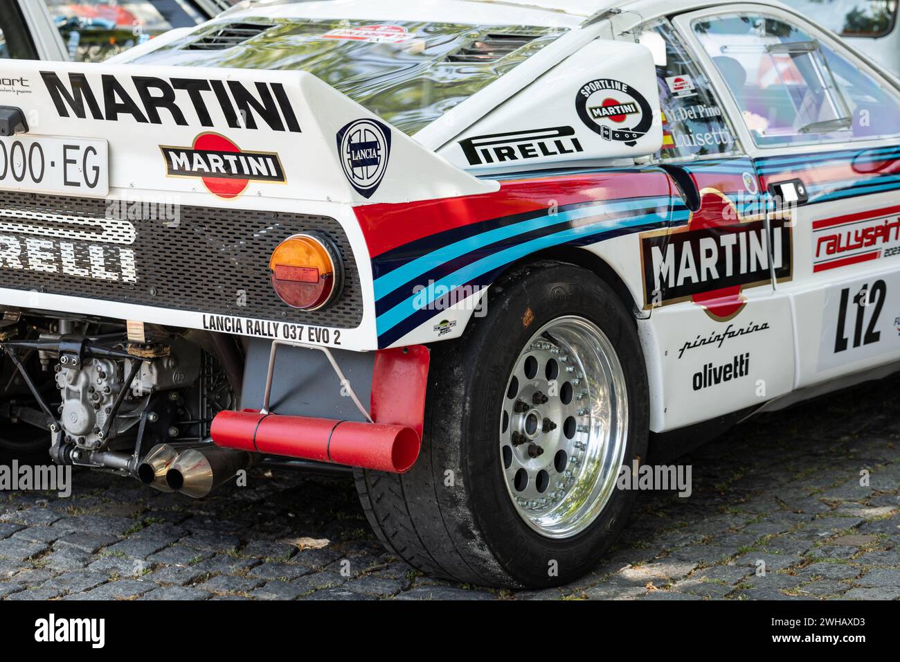 Barcelos, Portugal - 03. Juni 2023: Nahaufnahme eines Lancia 037 EVO2, eines legendären Rallyefahrzeugs aus der Zeit der Gruppe B, ausgestellt auf der Rallyspirit 2023 Stockfoto