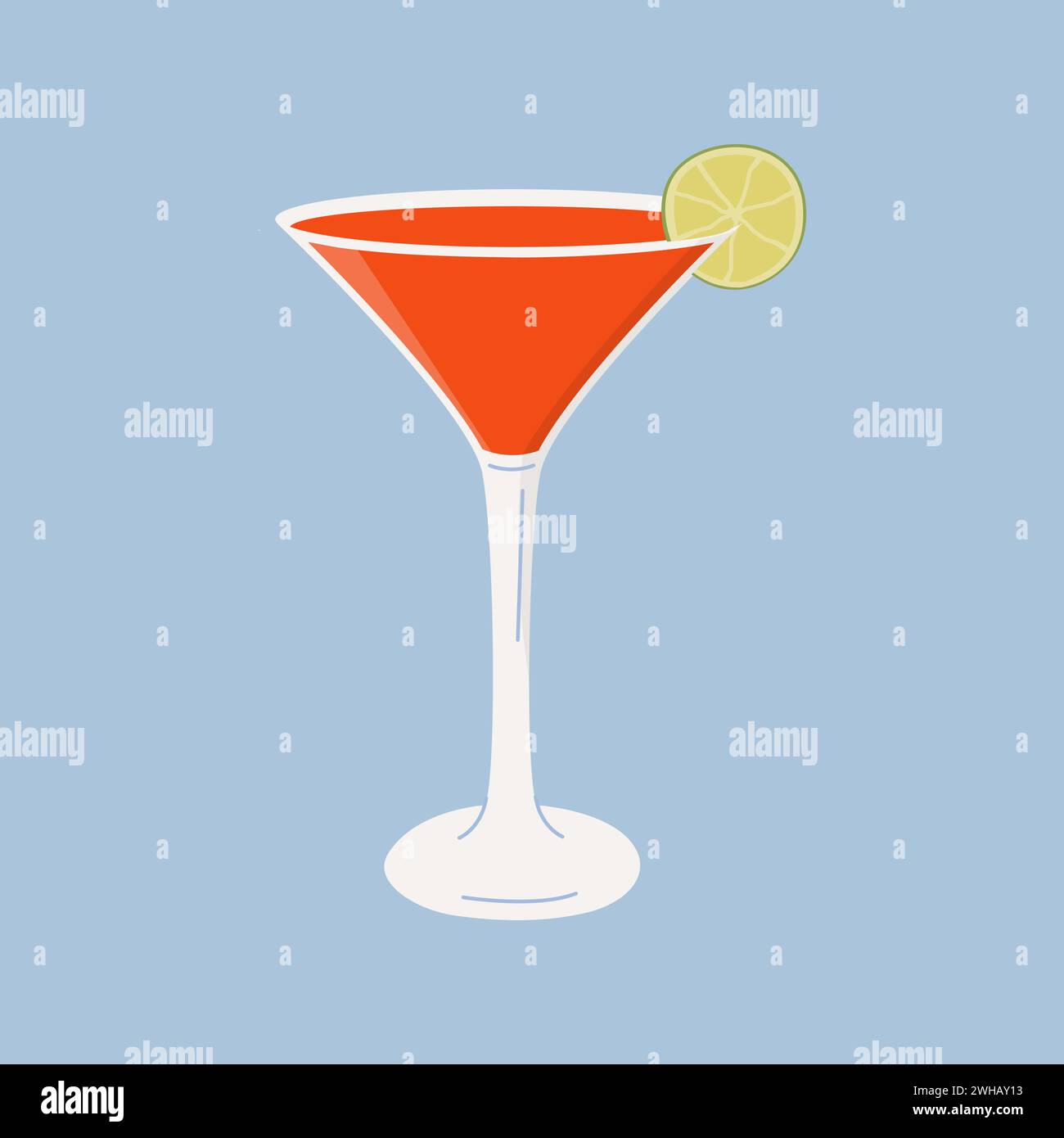 Kosmopolitischer Cocktail in Martini-Glas garniert mit Limettenrad. Sommer-Aperitif mit minimalistischem quadratischem Muster. Alkoholisches rotes Getränk mit Limette slic Stock Vektor