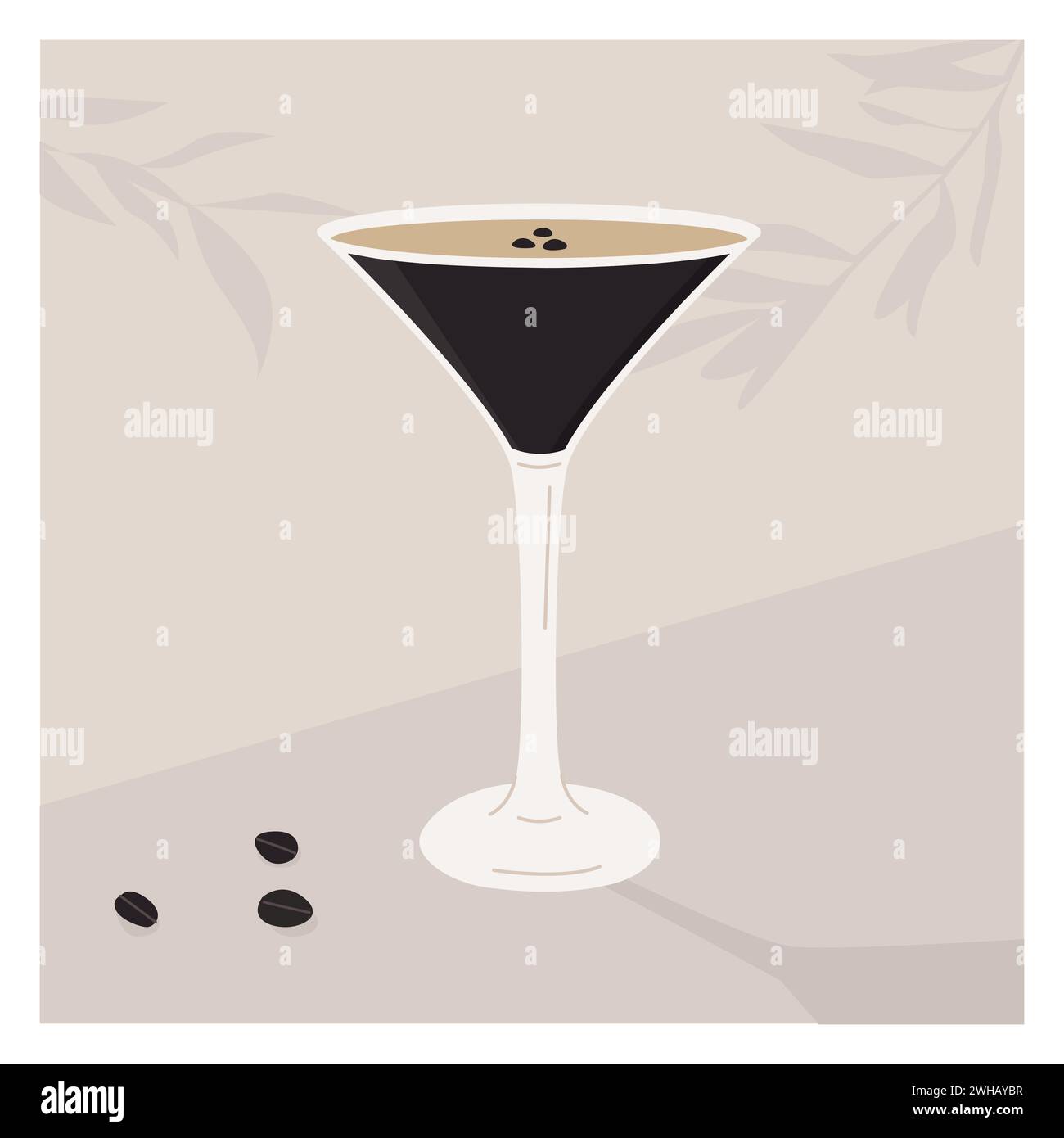 Espresso Martini Cocktail im Glas garniert mit Kaffeebohnen. Quadratische Retro-Karte für Barmenü. Poster mit alkoholfreiem Getränk und Baum Stock Vektor