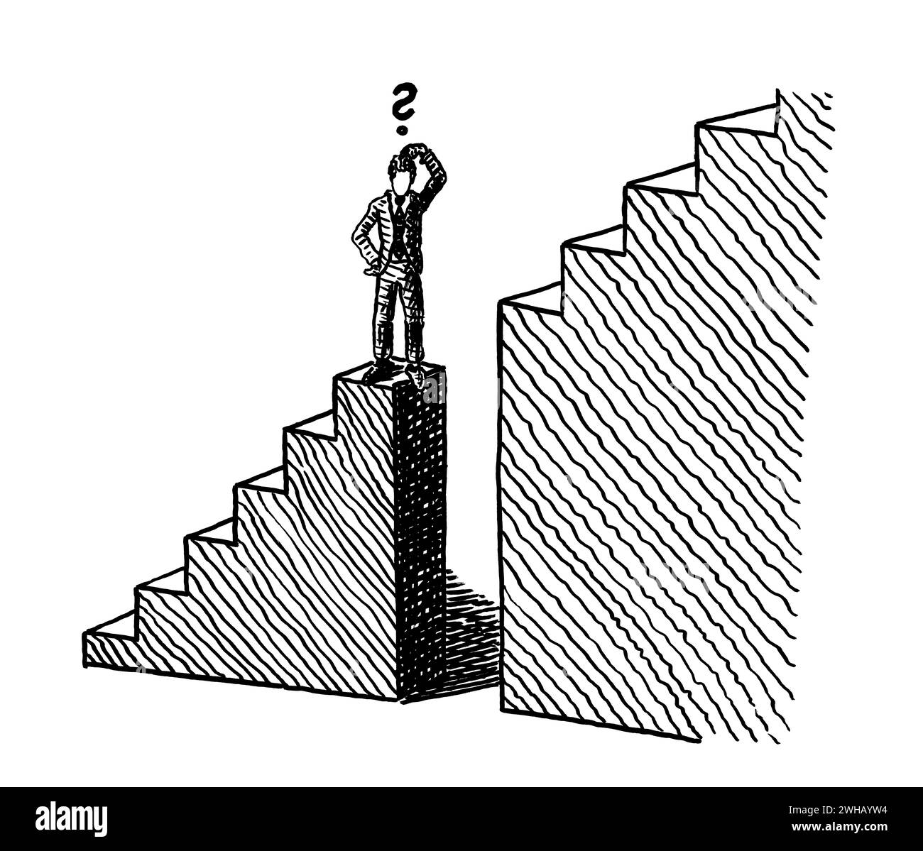 Freihändige Linienzeichnung eines Geschäftsmannes, der am Rande einer tiefen Lücke in einer Treppe steht, auf dem Weg zum Erfolg. Metapher für die Überwindung von Gegnern Stockfoto