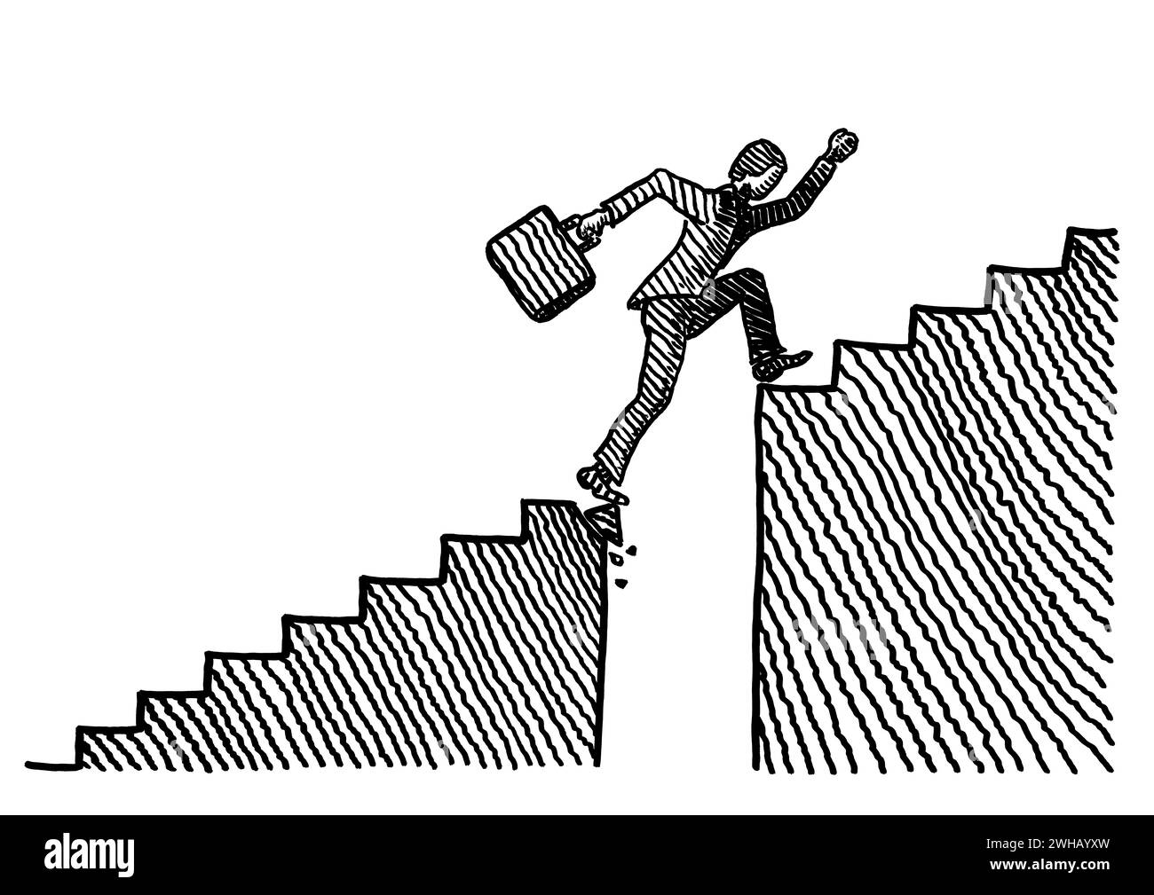 Handgezeichnete Skizze eines Geschäftsmannes, der auf dem Weg nach oben mit Mühe über eine Lücke in der Treppe springt. Metapher für Rennen um Erfolg, Überwindung von Hindernissen, Auto Stockfoto