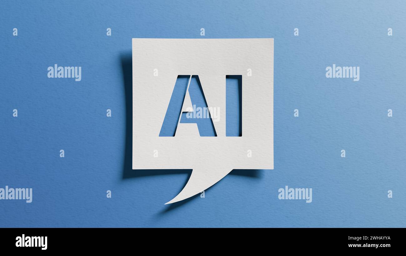 Das Konzept der künstlichen Intelligenz. Sprechblasenförmiges Papier mit dem Buchstaben AI-Ausschnitt. Innovation, Automatisierung, Effizienz. Symbolische Mischung aus Technolo Stockfoto