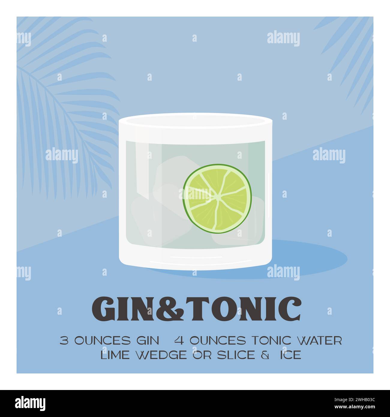 Gin Tonic Cocktail garniert mit Limettenscheibe. Poster mit quadratischem Aperitif im Sommer. Minimalistischer Druck mit klassischem alkoholischem Getränk auf Hintergrund Stock Vektor