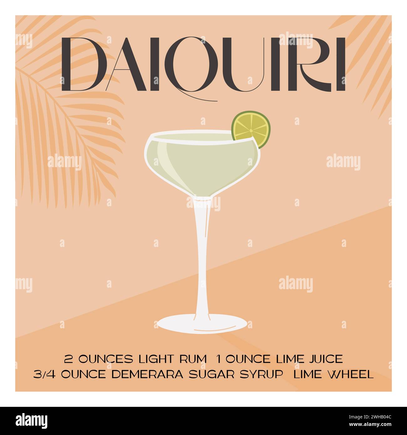 Daiquiri-Cocktail in Martini-Glas garniert mit Limettenscheibe. Retro-Karte mit Sommeraperitif-Rezept. Wandbild quadratisches Banner mit alkoholischem Getränk und Stock Vektor