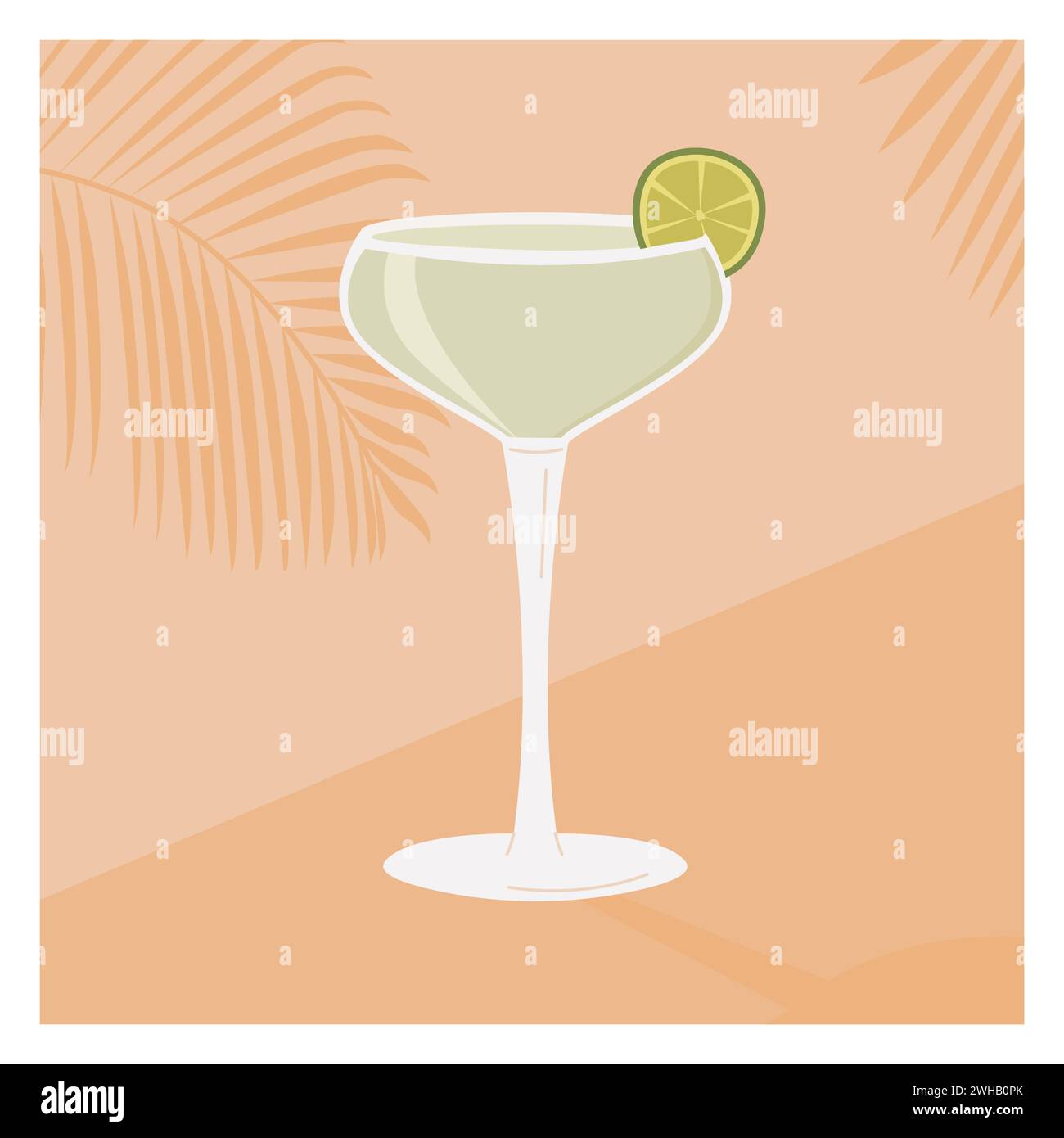 Daiquiri-Cocktail in Martini-Glas garniert mit Limettenscheibe. Retro-Karte mit Sommer-Aperitif. Quadratisches Poster mit alkoholischem Getränk und tropischer Palme Stock Vektor