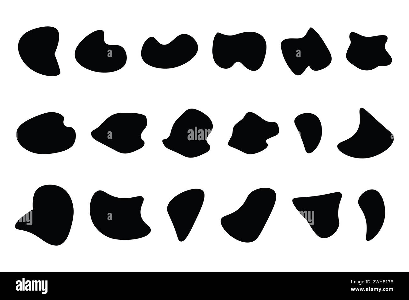 BLOB unregelmäßige Form organisches Set, zufällige schwarze einfache Formen. Kieselsteine, Inkblot-Steinsilhouetten. Stock Vektor