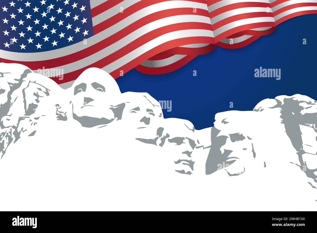 Hintergrund des Presidents Day, Mount Rushmore und 3D schwenkende Flagge USA. Vektorabbildung Stock Vektor