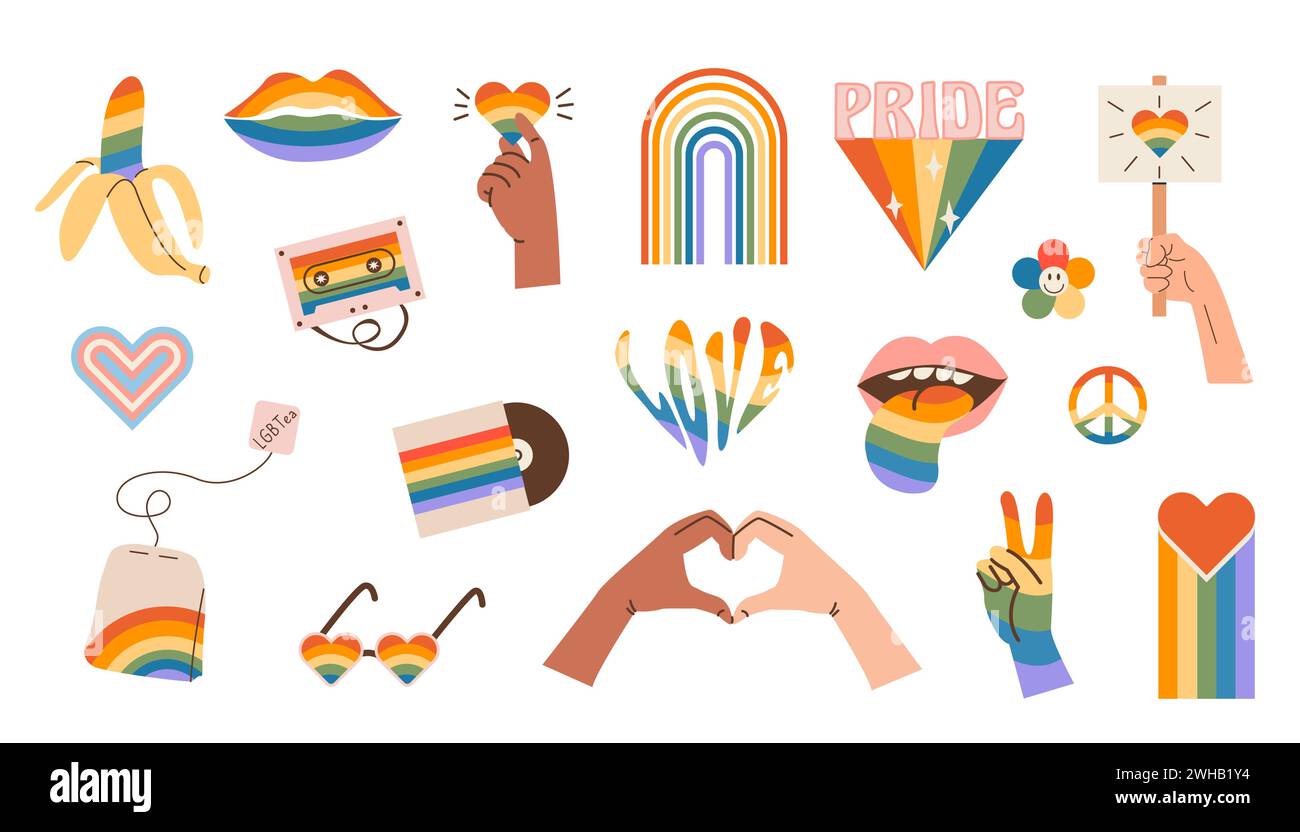 Vektorsatz von LGBTQ Community-Symbolen mit Stolz-Flaggen, Geschlechterzeichen und regenbogenfarbenen Elementen. Sticker für den „Pride Month“. Schwulenparade groovig Stock Vektor