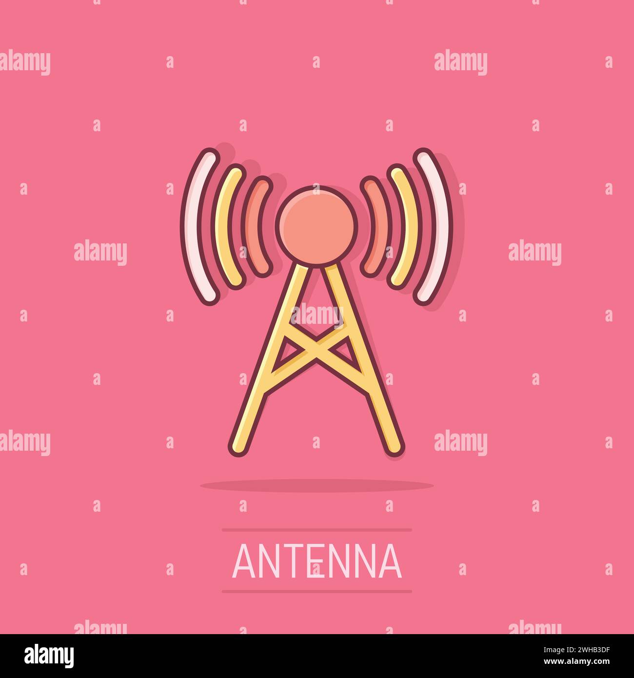 Antennenturm-Symbol im Comic-Stil. Übertragung von Cartoon-Vektor-Illustration auf isoliertem Hintergrund. WLAN-Splash-Effekt-Geschäftskonzept. Stock Vektor
