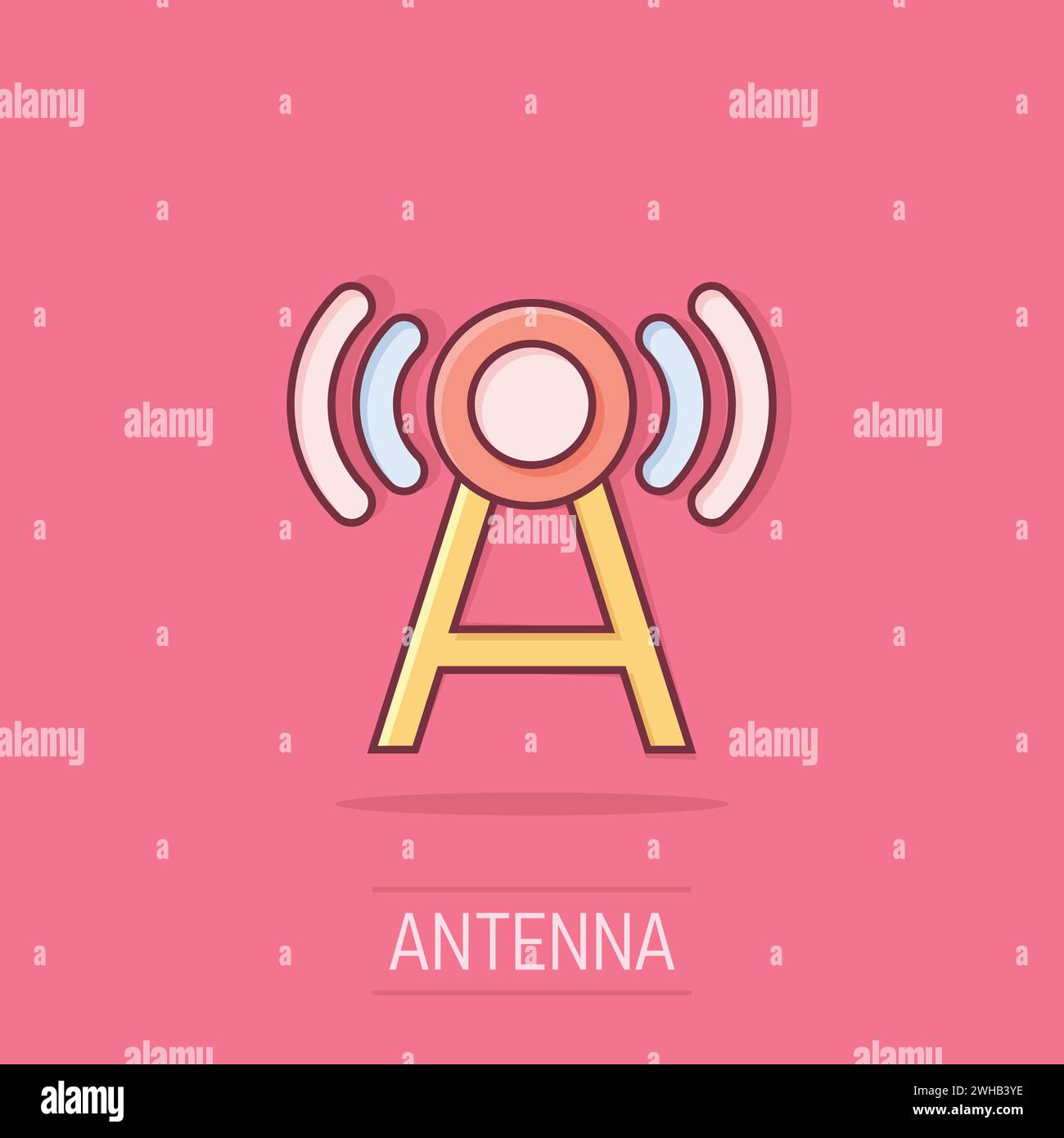 Antennenturm-Symbol im Comic-Stil. Übertragung von Cartoon-Vektor-Illustration auf isoliertem Hintergrund. WLAN-Splash-Effekt-Geschäftskonzept. Stock Vektor
